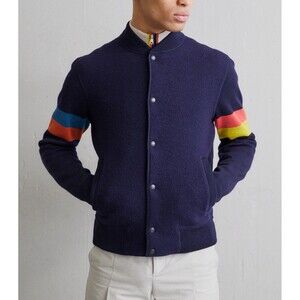 Paul Smith Wool Varsity Jacket Size Large | Navy w/ Multicolor Stripe Sleeves